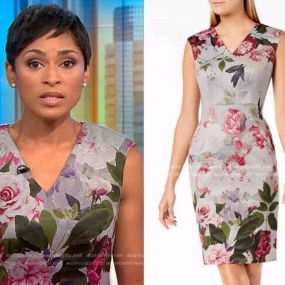 Calvin Klein Floral V-Neck Sleeveless Scuba Sheath Dress Sz 14 Gray